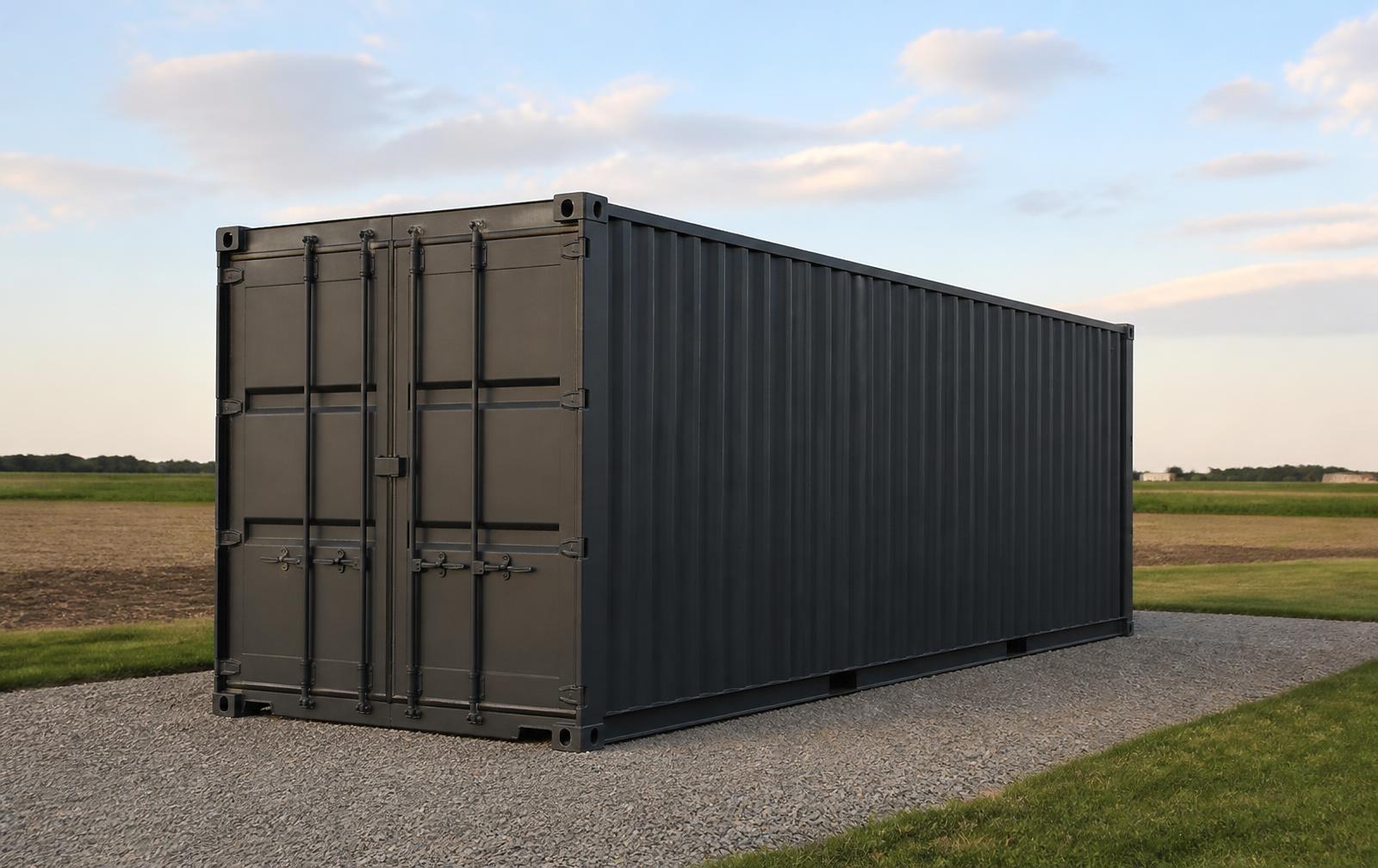 Charcoal 8 by 20 foot steel shipping container storage unit on a gravel pad in rural North Dakota
